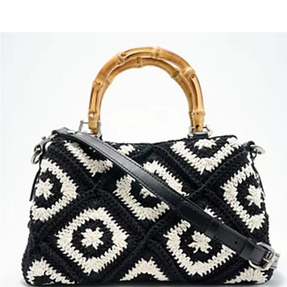 Patricia Nash Black and White Crochet Shoulder Bag with Bamboo Handle